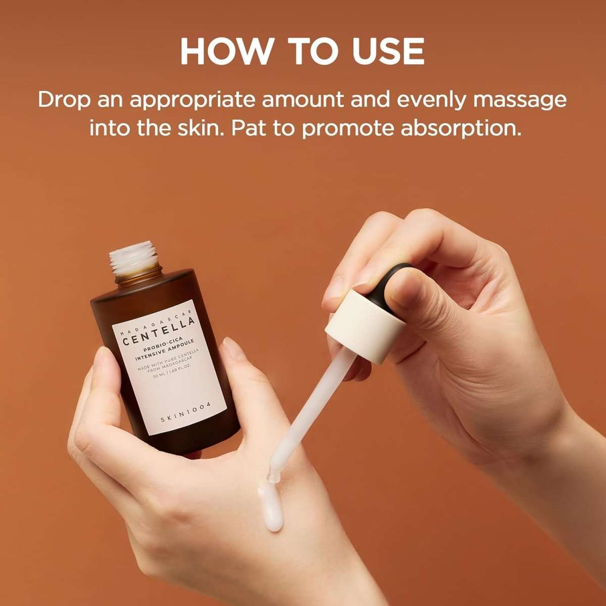 Lakinza K-beauty SKIN1004 Madagascar Centella Probio-Cica Intensive Ampoule bottle with label and dropper applicator.
