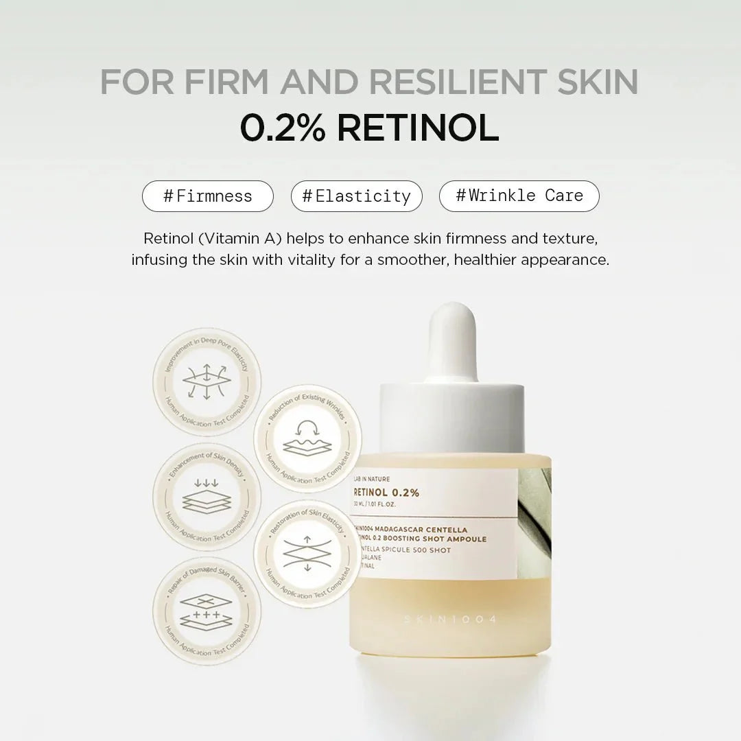 Lakinza K-beauty SKIN1004 Madagascar Centella Retinol 0.2 Boosting Shot Ampoule 30ml, clear glass bottle with dropper cap