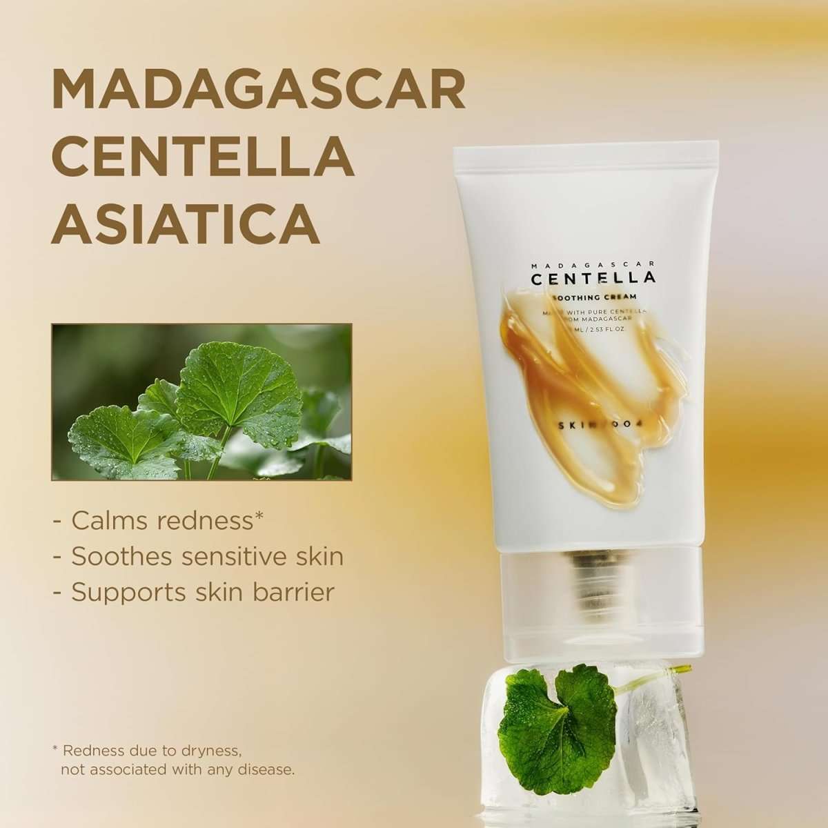 Lakinza K-beauty SKIN1004 Madagascar Centella Soothing Cream 75ml jar with white lid and label showing centella plant images.