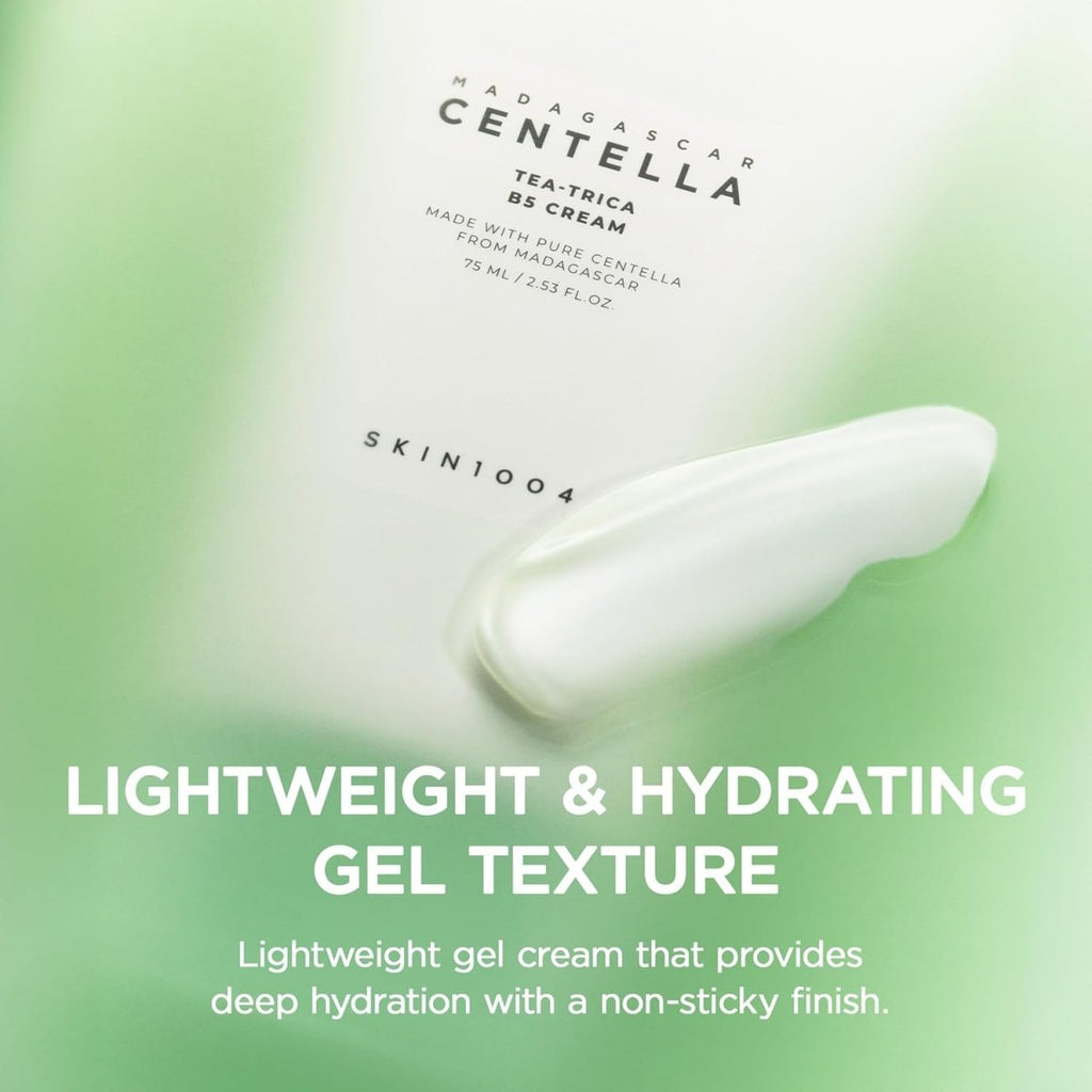Lakinza K-beauty SKIN1004 Madagascar Centella Tea-Trica B5 Cream 75ml jar with white cream inside, skincare product on a neutral background.