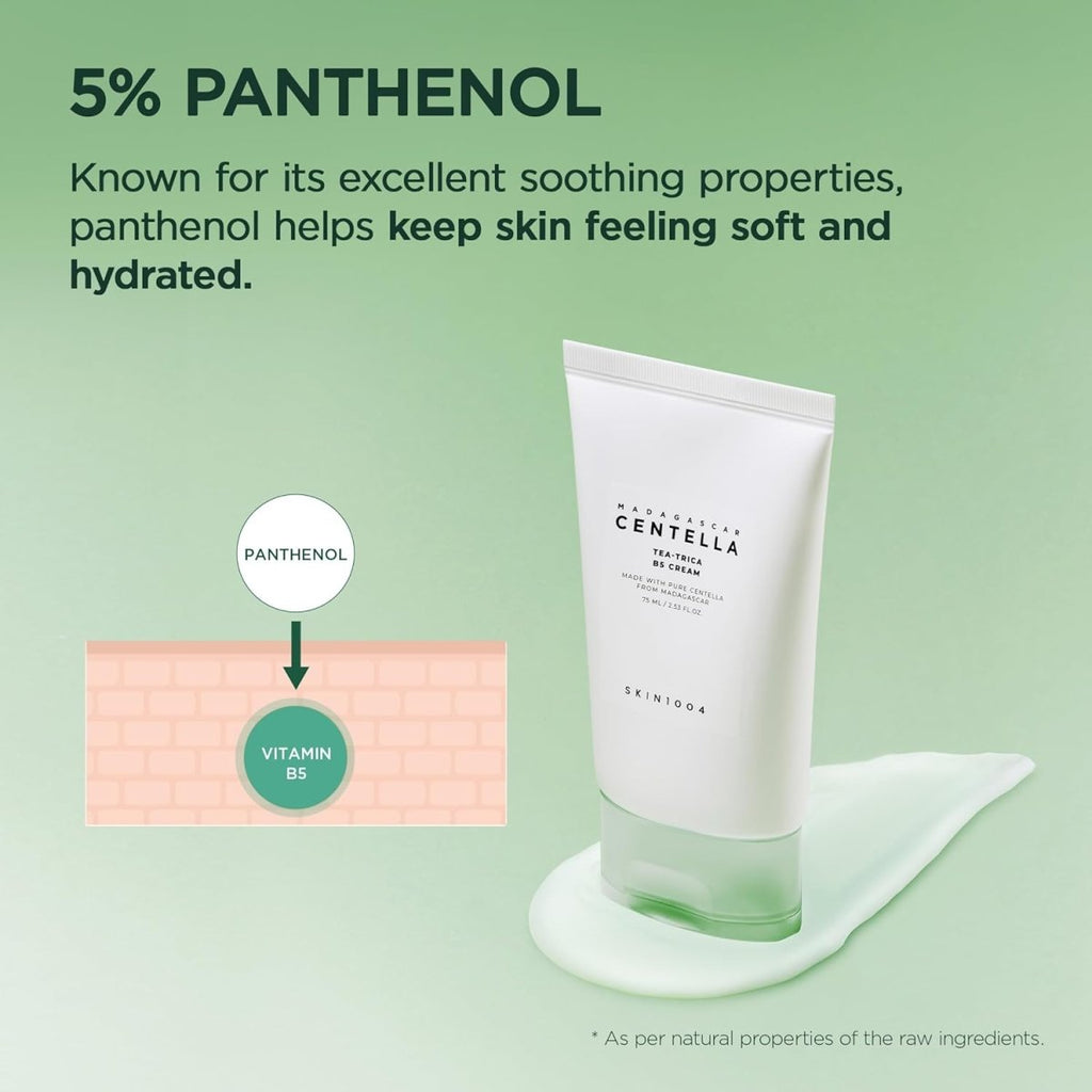 Lakinza K-beauty SKIN1004 Madagascar Centella Tea-Trica B5 Cream 75ml jar with white and green packaging, open for application.