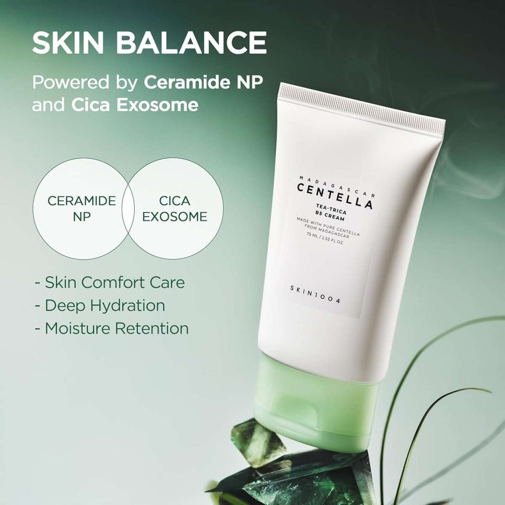 Lakinza K-beauty SKIN1004 Madagascar Centella Tea-Trica B5 Cream 75ml jar with label and open lid, showcasing the skincare product.