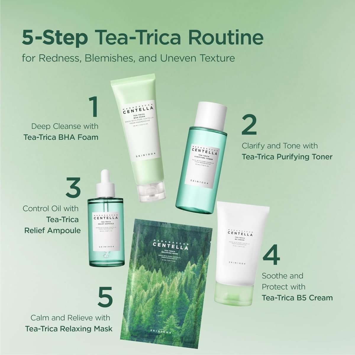 SKIN1004 Madagascar Centella Tea-Trica BHA Foam cleanser by Lakinza K-beauty, 125ml, with foaming texture and natural ingredients.