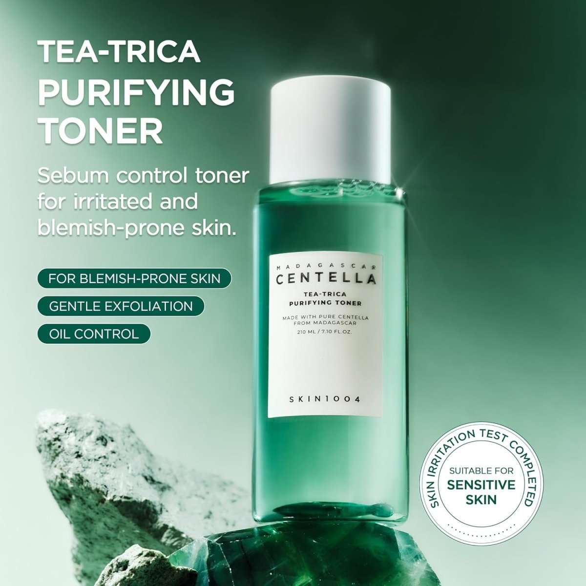 Lakinza K-beauty SKIN1004 Madagascar Centella Tea-Trica Purifying Toner 210ml bottle with label and cap.