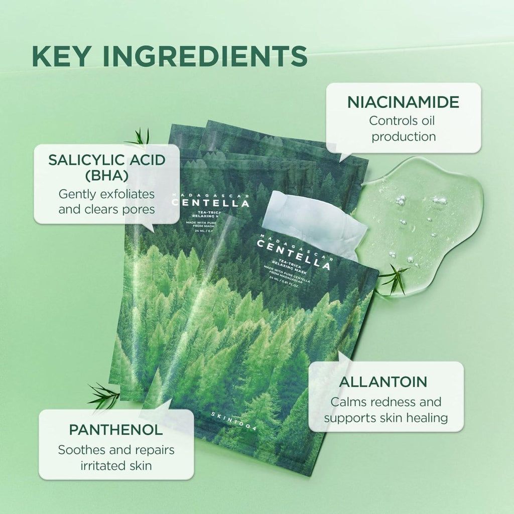 SKIN1004 Madagascar Centella Tea-Trica relaxing mask by Lakinza, 24ml, set of 5, soothing skincare product for calming skin.