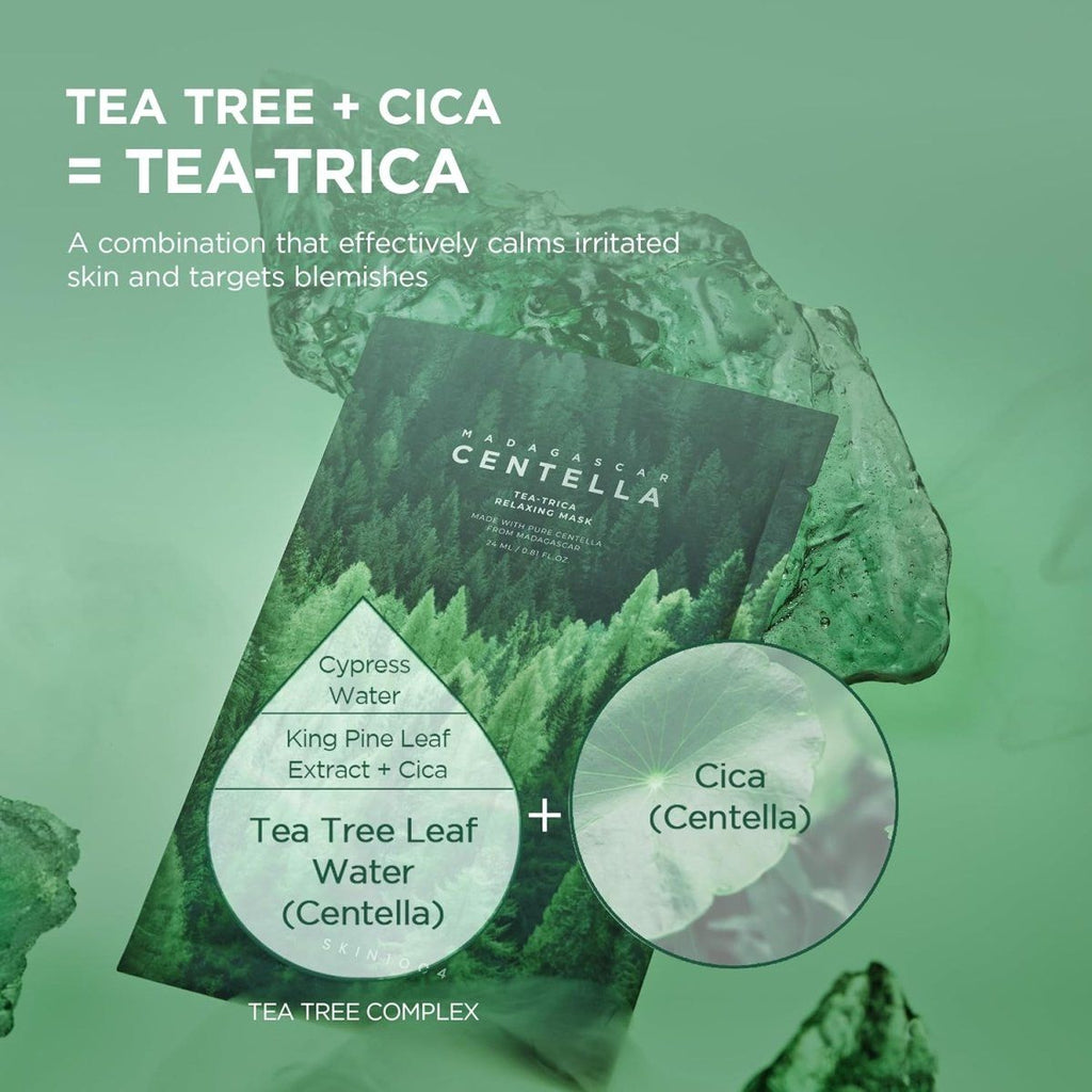 SKIN1004 Madagascar Centella Tea-Trica relaxing mask pack with five 24ml masks, designed for soothing and calming skin.