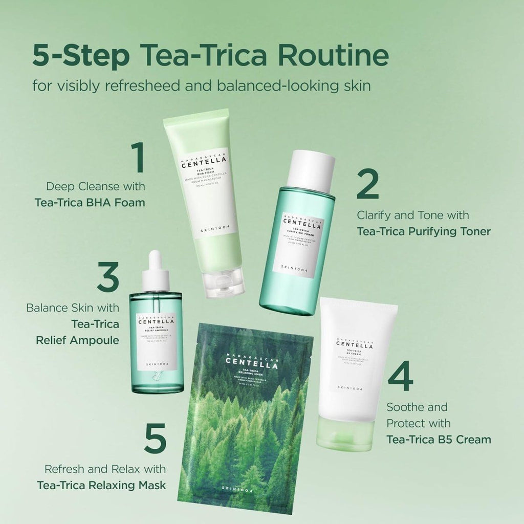SKIN1004 Madagascar Centella Tea-Trica relaxing mask set with five 24ml masks, designed for soothing and calming skin.