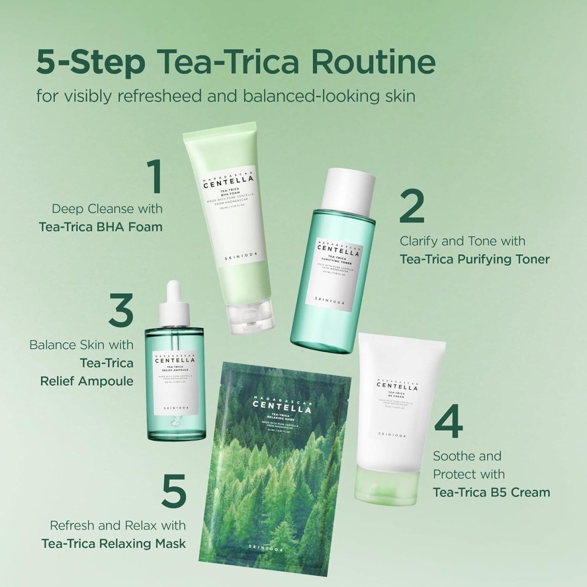 SKIN1004 Madagascar Centella Tea-Trica relaxing mask set with five 24ml masks, designed for soothing and calming skin.