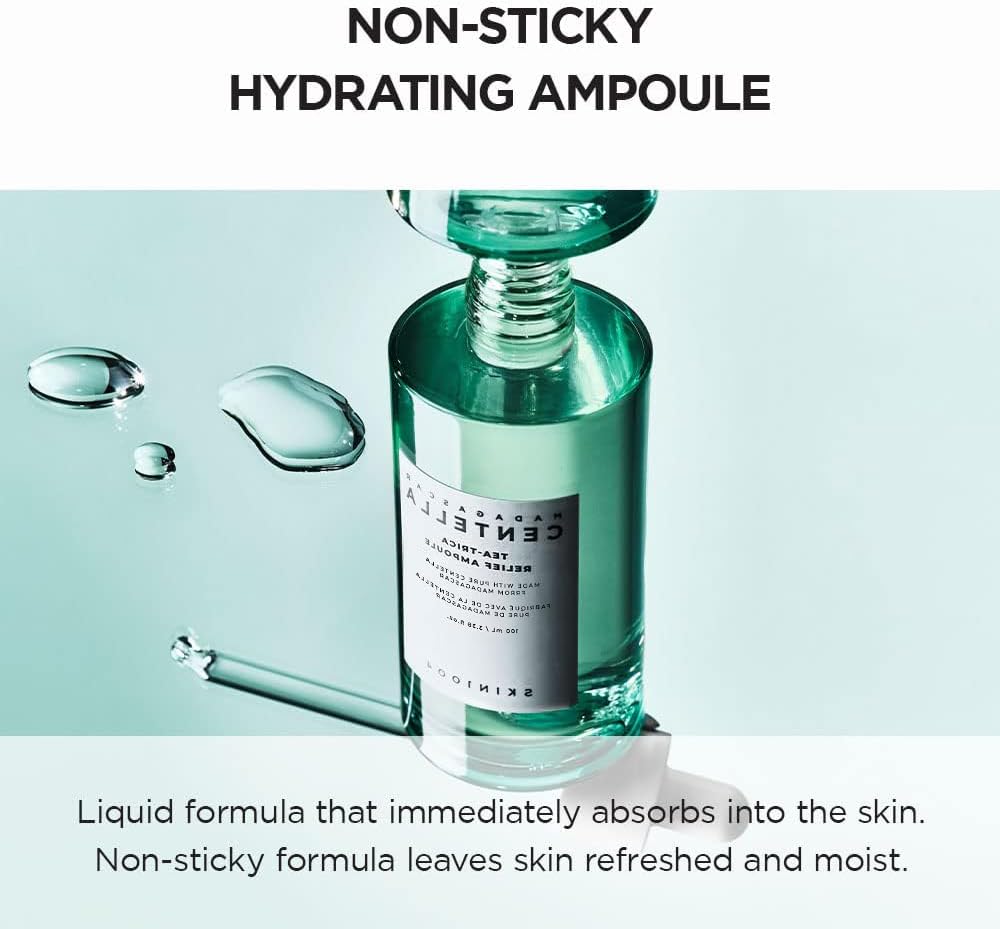 Lakinza SKIN1004 Madagascar Centella Tea-Trica Relief Ampoule 100ml, a soothing skincare product with centella and tea-trica extracts.