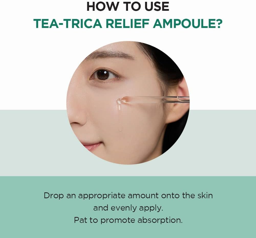 SKIN1004 Madagascar Centella Tea-Trica Relief Ampoule 100ml in clear bottle, featuring soothing skincare ingredients and branding.
