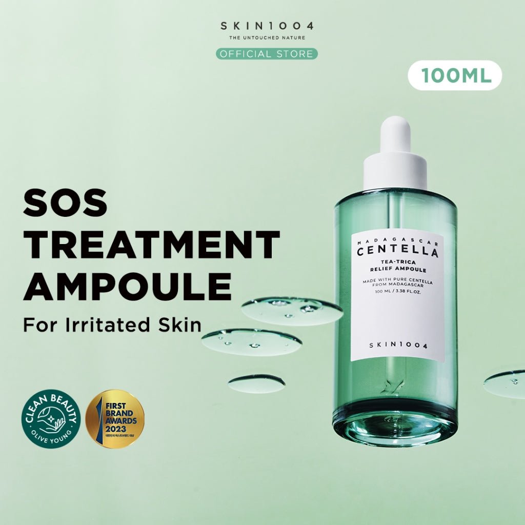 Lakinza SKIN1004 Madagascar Centella Tea-Trica Relief Ampoule 100ml, clear glass bottle with dropper, for soothing skin care.