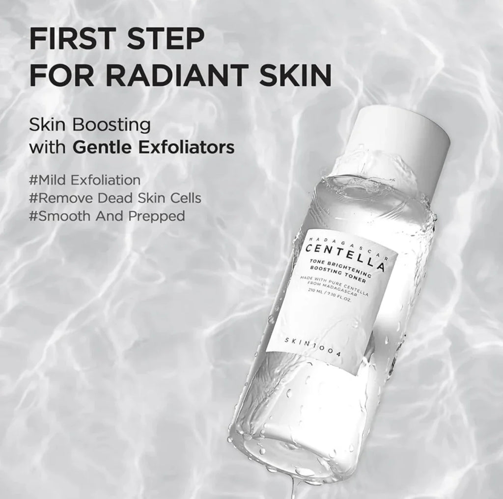 Lakinza K-beauty SKIN1004 Madagascar Centella Brightening Toner 210ml, clear bottle with toner inside and product label visible.