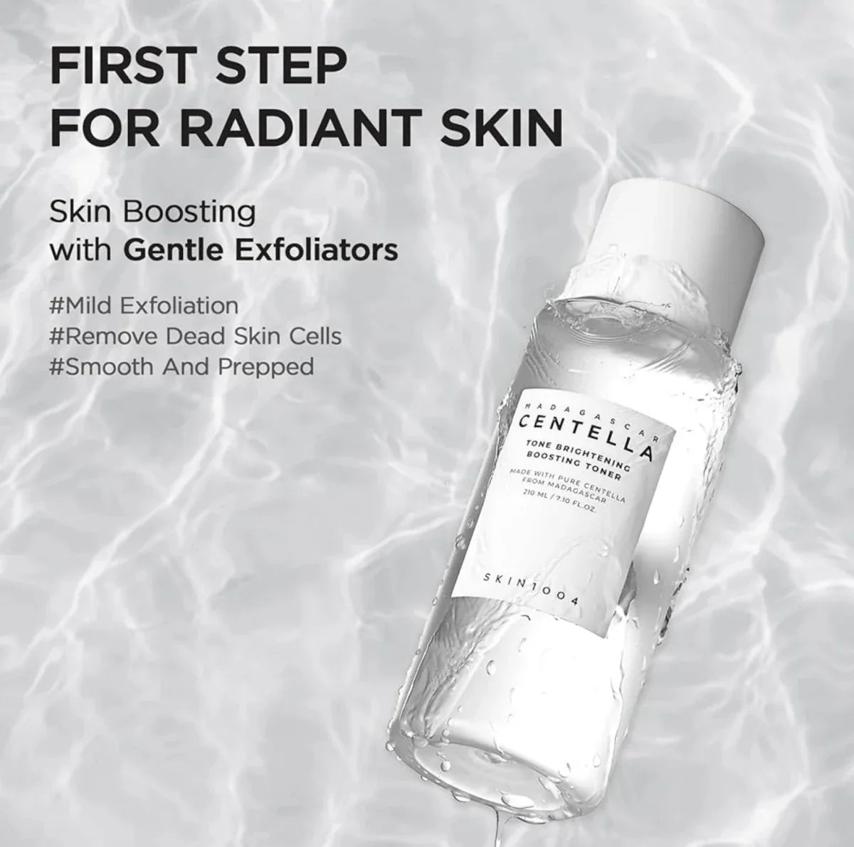 Lakinza K-beauty SKIN1004 Madagascar Centella Brightening Toner 210ml, clear bottle with toner inside and product label visible.