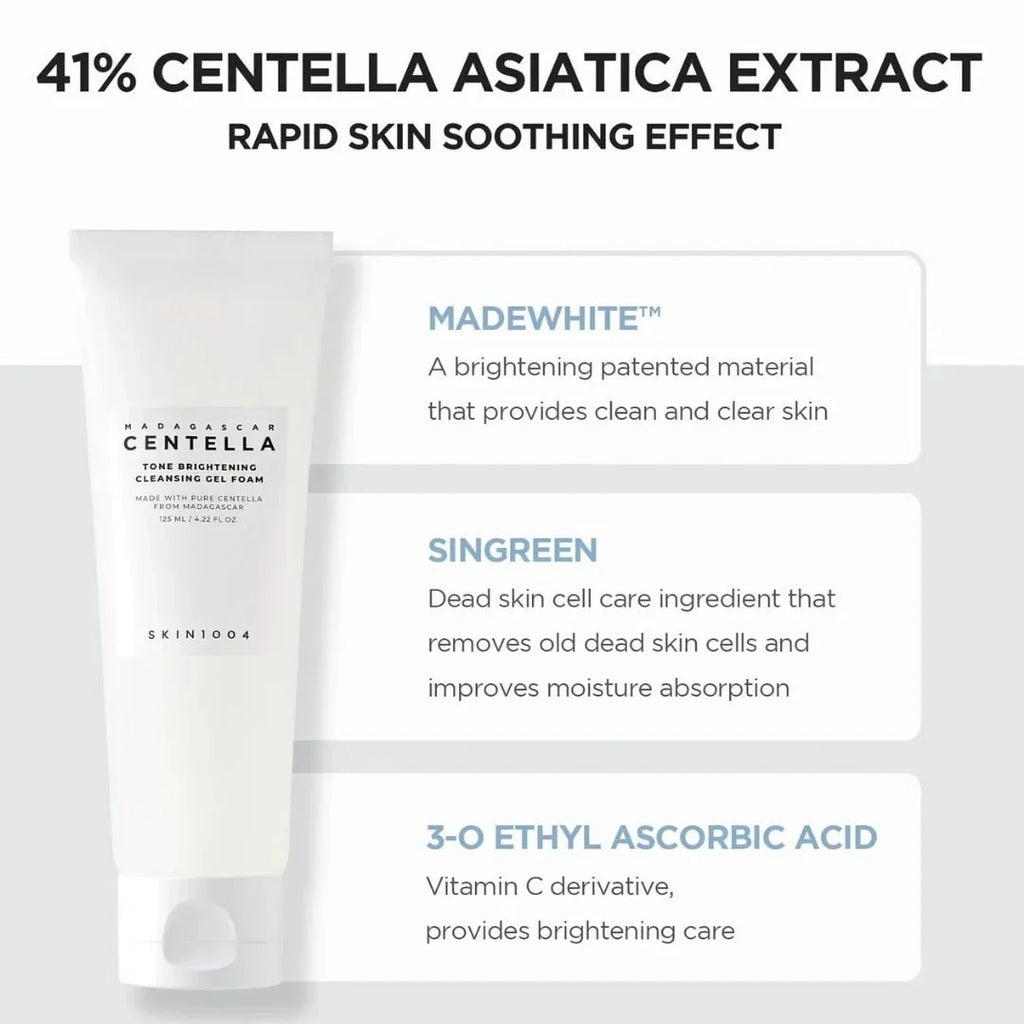 Lakinza K-beauty SKIN1004 Madagascar Centella Brightening Cleansing Gel Foam, gentle cleanser in a white tube with green accents
