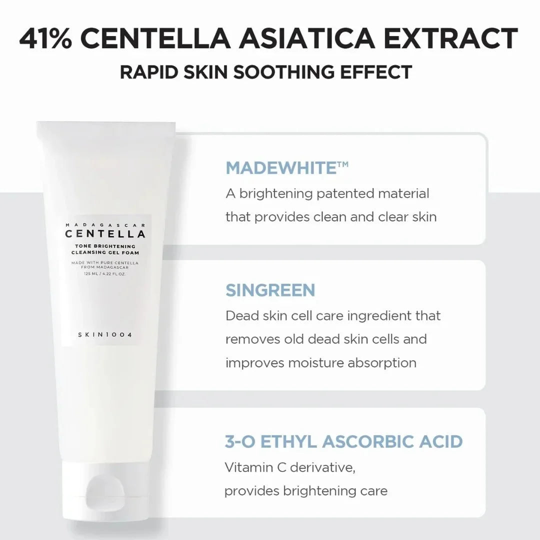 Lakinza K-beauty SKIN1004 Madagascar Centella Brightening Cleansing Gel Foam, gentle cleanser in a white tube with green accents