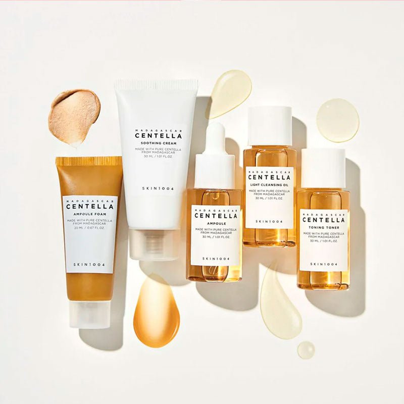 Lakinza SKIN1004 Madagascar Centella Travel Kit with small bottles and jars for K-beauty skincare on a travel tray.