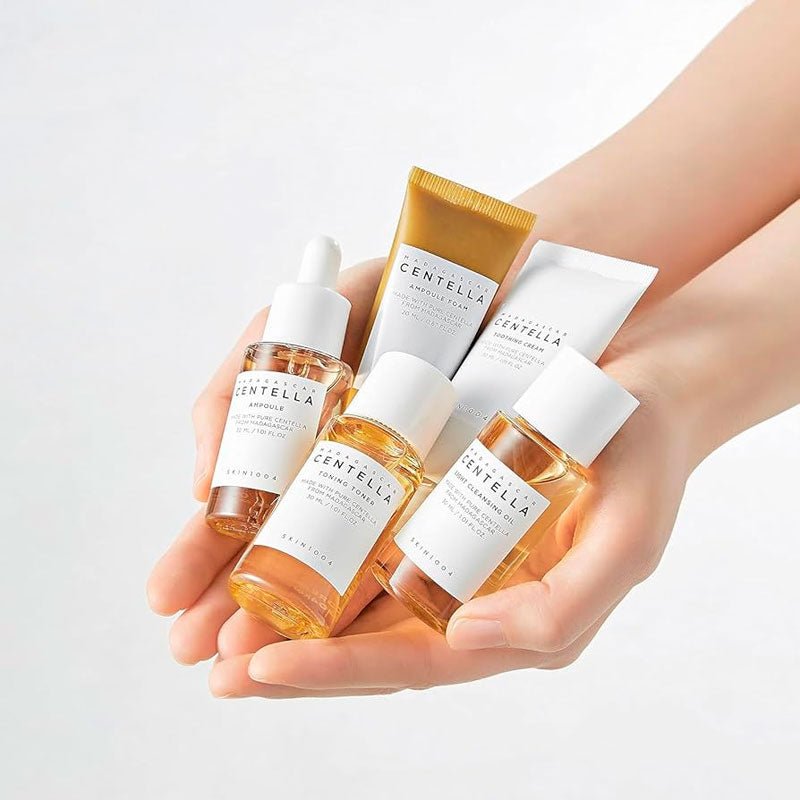 Lakinza SKIN1004 Madagascar Centella trial kit with travel-sized skincare products, featuring soothing centella ingredients.