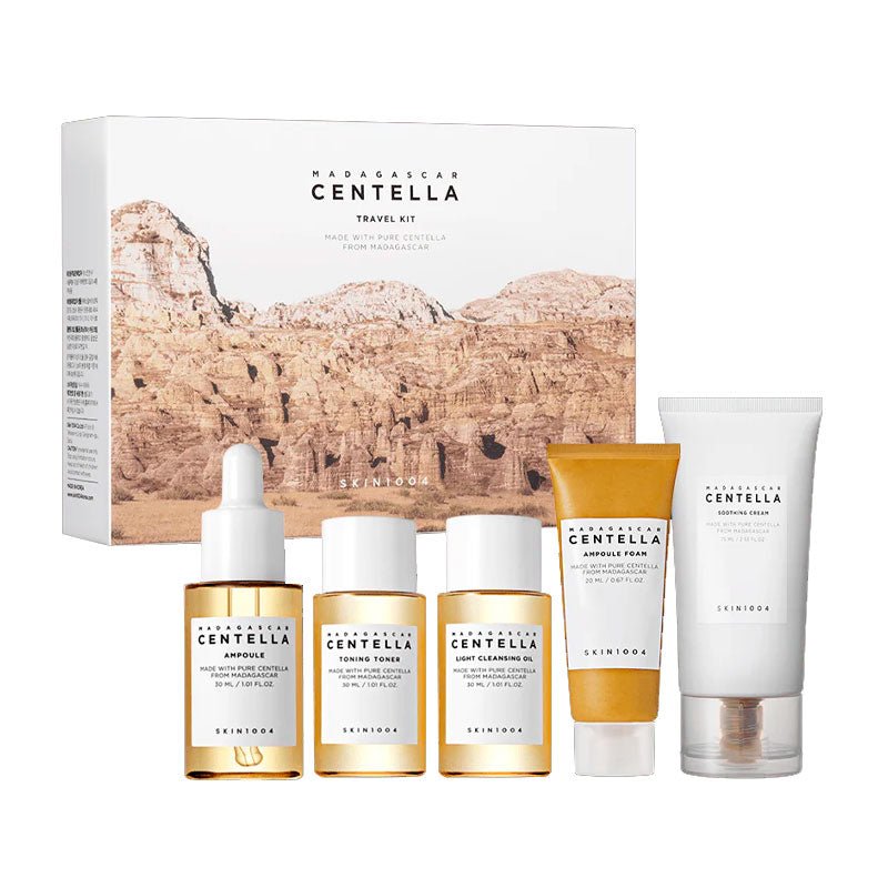 Lakinza SKIN1004 Madagascar Centella Trial Kit featuring skincare products in travel-sized containers, ideal for on-the-go use.