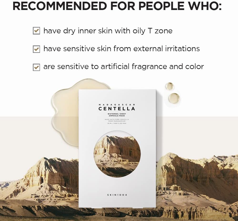 Skin1004 Madagascar Centella Watergel Sheet Ampoule Mask, 25ml, soothing K-beauty mask with gel texture and centella extract.