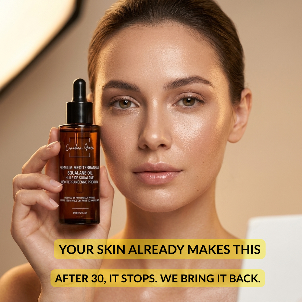 Canadian Grace Premium Mediterranean Squalane Oil in a glass bottle, ideal for pre-makeup hydration and smooth, radiant skin.