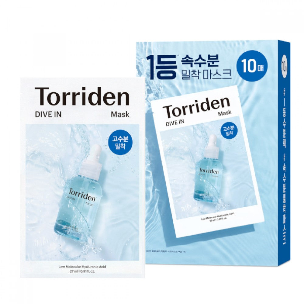 HYAKU Beauty & Living TORRIDEN Dive In Hyaluronic Acid Mask Pack, 10pcs of 27ml masks for hydration and skin nourishment.