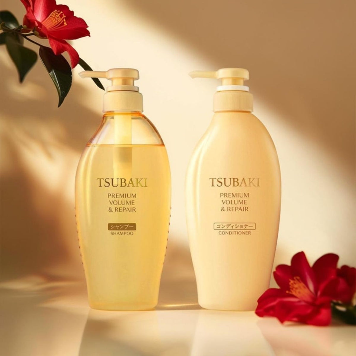 Shiseido Tsubaki Premium Volume & Repair Shampoo in a 450ml gold bottle, designed for nourishing and volumizing hair.