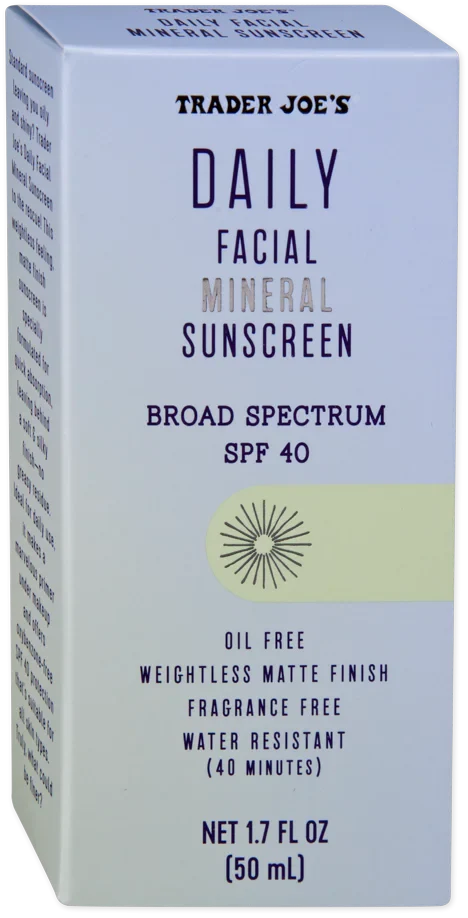 Vancou-Vert Trading Ltd. Trader Joe's Daily Facial Mineral Sunscreen SPF 40 in 50mL bottle, with a smooth, light-colored lotion texture.