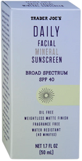 Vancou-Vert Trading Ltd. Trader Joe's Daily Facial Mineral Sunscreen SPF 40 in 50mL bottle, with a smooth, light-colored lotion texture.